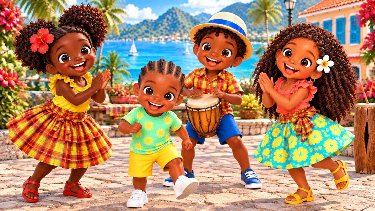 La troupe chante et danse dans un village caribéen