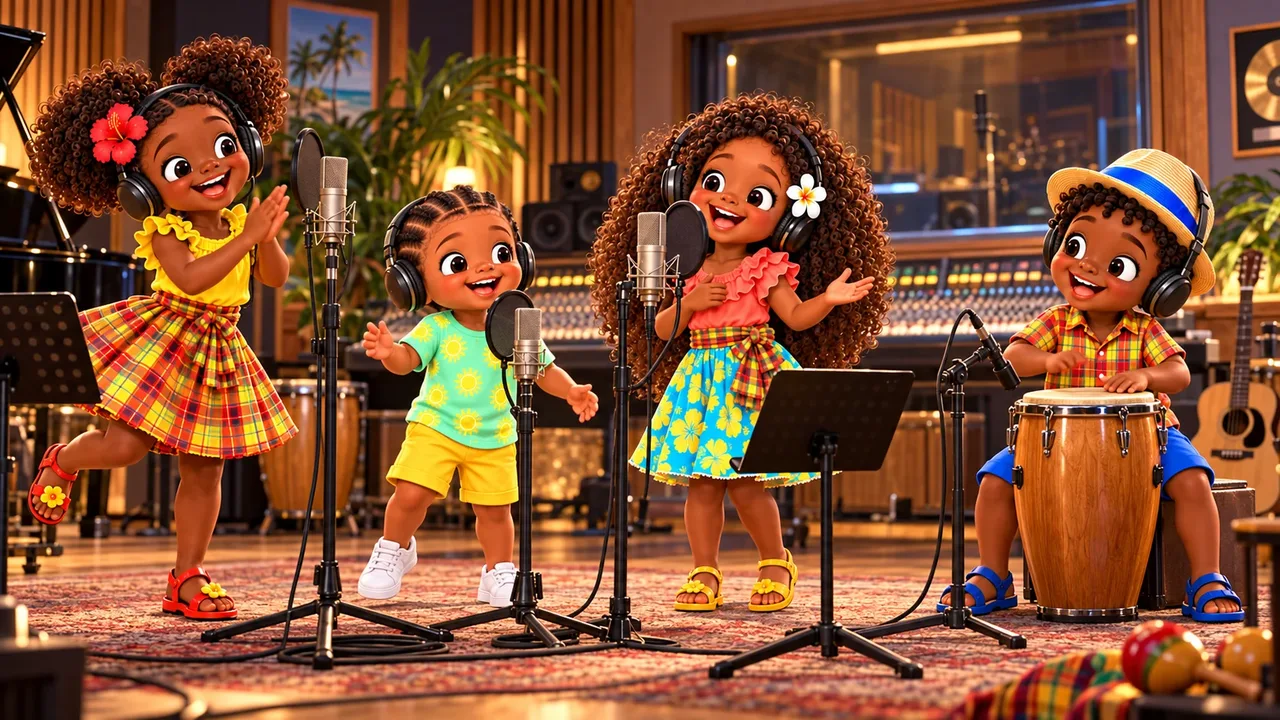 Illustration de la troupe dans un studio de musique