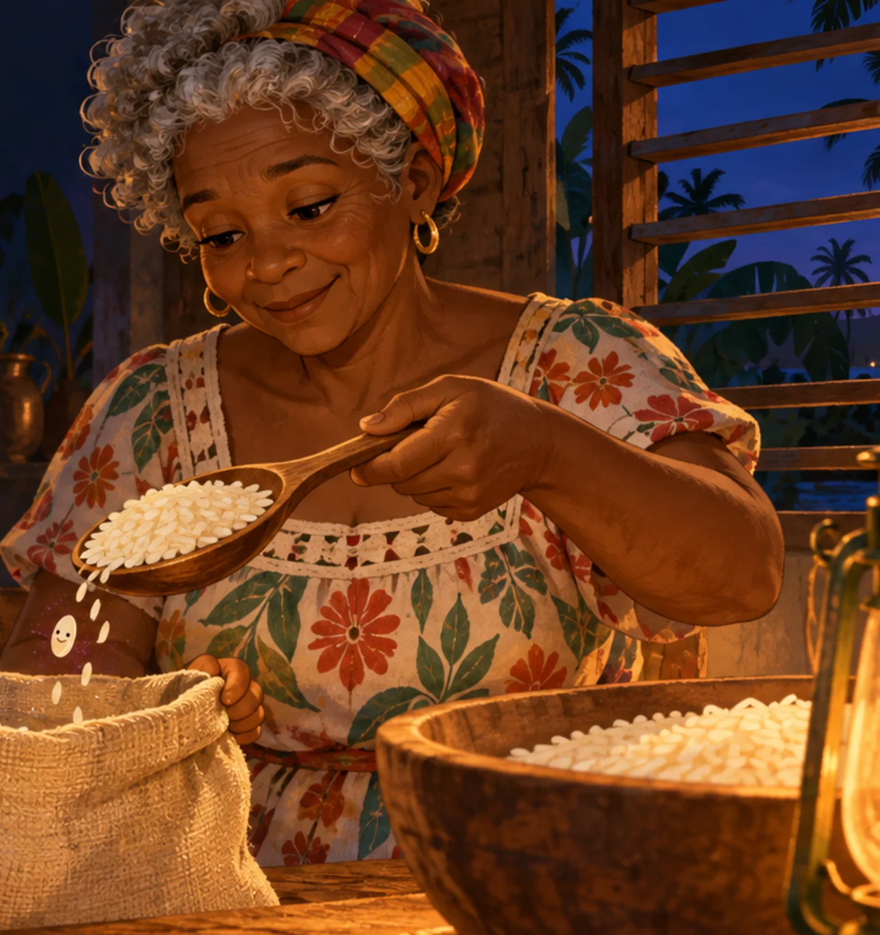 Une grand-mère partage une histoire autour des grains de riz, illustration de Manman Yaya
